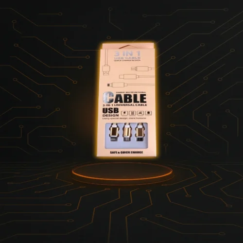Cable 3 en 1 con salida V8, USB-C y Lightning, perfecto para múltiples dispositivos.