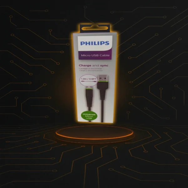 Cable V8 a USB-A de 1,2 metros marca Philips, de calidad confiable.