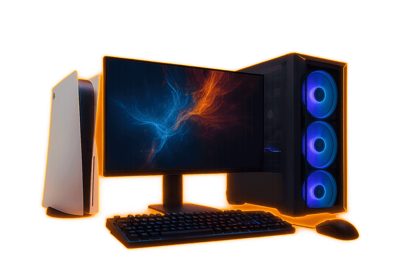Configuración gamer con PC de escritorio RGB, monitor LED, teclado, mouse y consola PlayStation 5 con resplandor naranja estilo Fénix Informática