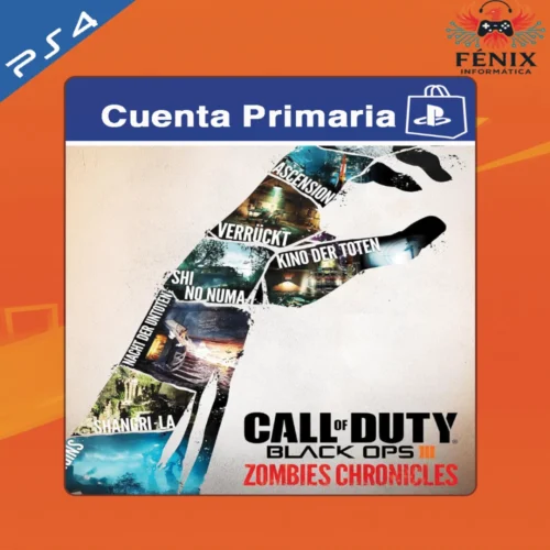 Call of Duty Black Ops III Zombies Chronicles digital primario mostrado con portada PS4, jugable en PS5 mediante retrocompatibilidad. No cuenta con versión nativa de PS5.