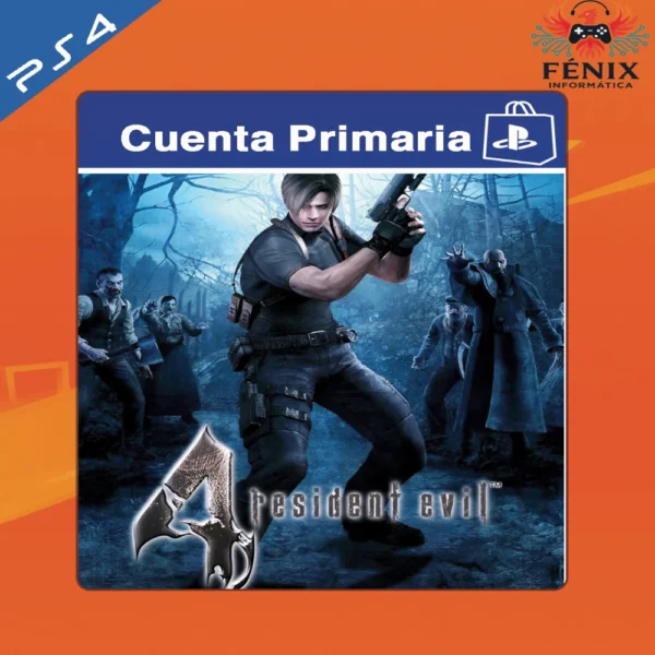 Resident Evil 4 digital primario clásico mostrado con portada PS4, jugable en PS5 mediante retrocompatibilidad. No cuenta con versión nativa de PS5.