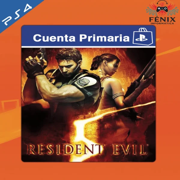 Resident Evil 5 digital primario mostrado con portada PS4, jugable en PS5 mediante retrocompatibilidad. No cuenta con versión nativa de PS5.