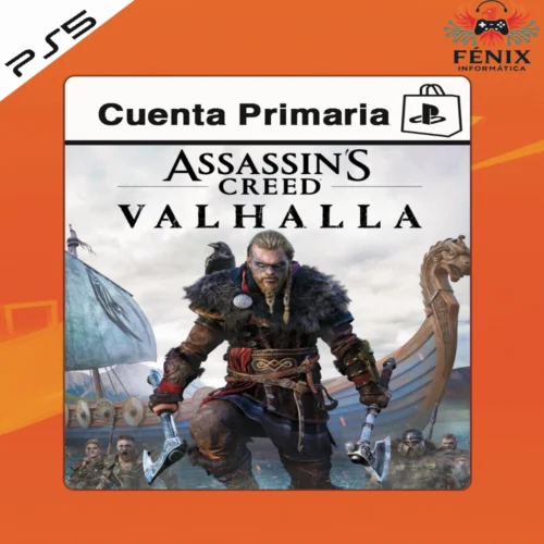 Assassin’s Creed Valhalla digital primario mostrado con portada PS5, incluye versión PS4 jugable en PS5 mediante retrocompatibilidad y versión nativa PS5 con mejoras gráficas y rendimiento.