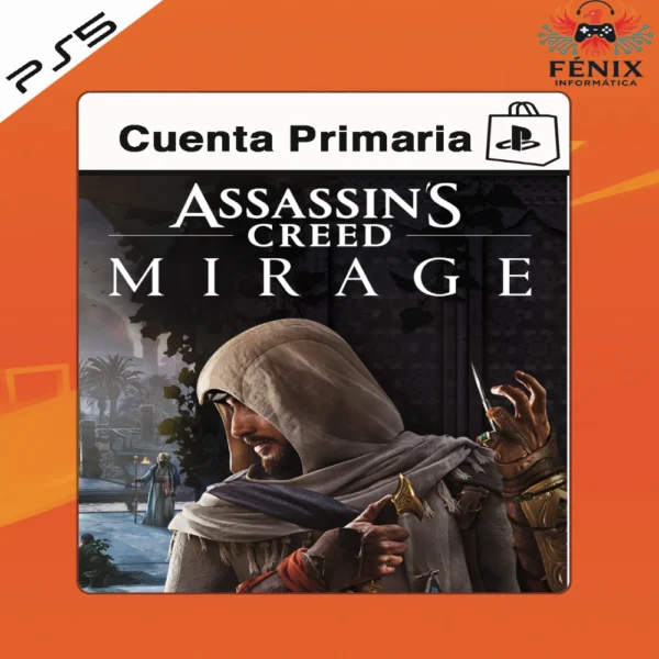 Assassin’s Creed Mirage digital primario mostrado con portada PS5, incluye versión PS4 jugable en PS5 mediante retrocompatibilidad y versión nativa PS5 con mejoras gráficas y rendimiento.