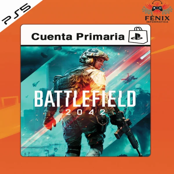 Battlefield 2042 digital primario mostrado con portada PS5, incluye versión PS4 jugable en PS5 mediante retrocompatibilidad y versión nativa PS5 con mejoras gráficas y rendimiento.