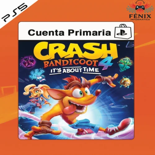 Crash Bandicoot 4 It’s About Time digital primario mostrado con portada PS5, incluye versión PS4 jugable en PS5 mediante retrocompatibilidad y versión nativa PS5 con mejoras gráficas y rendimiento.