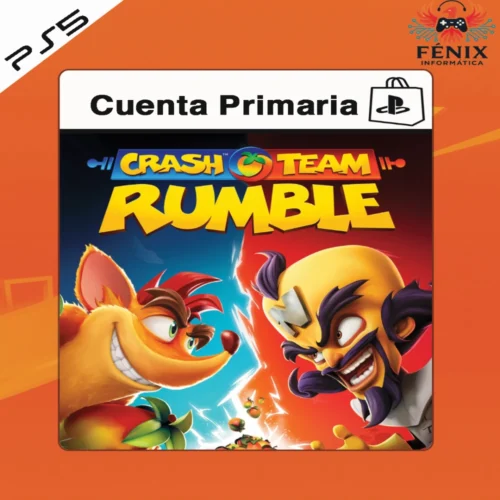 Crash Team Rumble digital primario mostrado con portada PS5, incluye versión PS4 jugable en PS5 mediante retrocompatibilidad y versión nativa PS5 con mejoras de rendimiento.