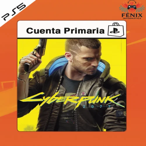 Cyberpunk 2077 digital primario mostrado con portada PS5, incluye versión PS4 jugable en PS5 mediante retrocompatibilidad y versión nativa PS5 con mejoras gráficas y rendimiento.