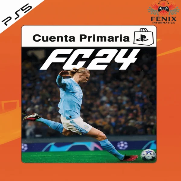 EA Sports FC 24 digital primario mostrado con portada PS5, incluye versión PS4 jugable en PS5 mediante retrocompatibilidad y versión nativa PS5 con mejoras gráficas y rendimiento.