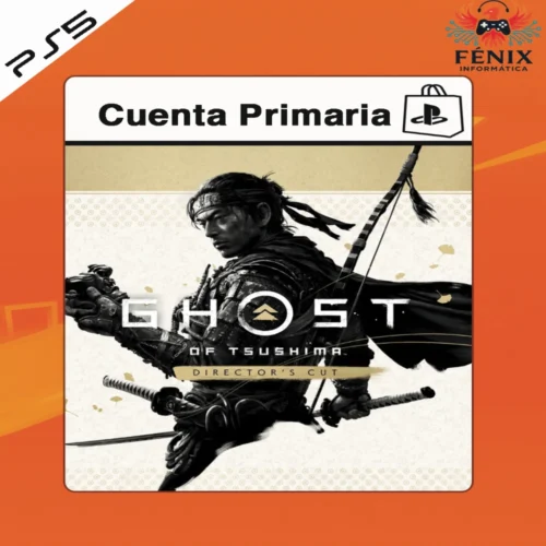 Ghost of Tsushima Director’s Cut digital primario mostrado con portada PS5, incluye versión PS4 jugable en PS5 mediante retrocompatibilidad y versión nativa PS5 con mejoras gráficas y rendimiento.