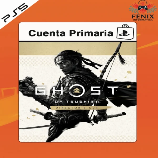 Ghost of Tsushima Director’s Cut digital primario mostrado con portada PS5, incluye versión PS4 jugable en PS5 mediante retrocompatibilidad y versión nativa PS5 con mejoras gráficas y rendimiento.