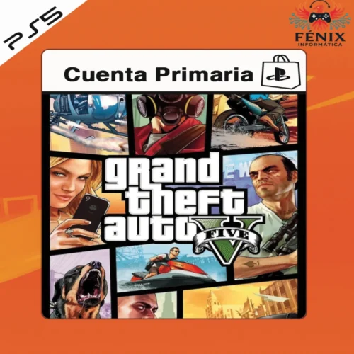 Grand Theft Auto V digital primario mostrado con portada PS5, incluye versión PS4 jugable en PS5 mediante retrocompatibilidad y versión nativa PS5 con mejoras gráficas y rendimiento.