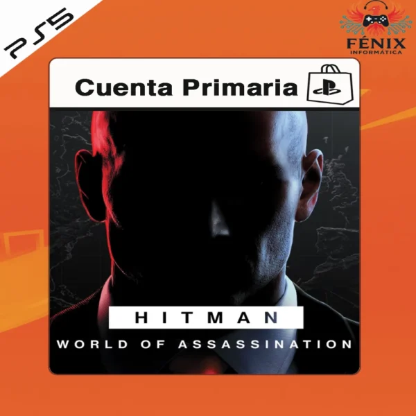 Hitman World of Assassination digital primario mostrado con portada PS5, incluye versión PS4 jugable en PS5 mediante retrocompatibilidad y versión nativa PS5 con mejoras gráficas y rendimiento.