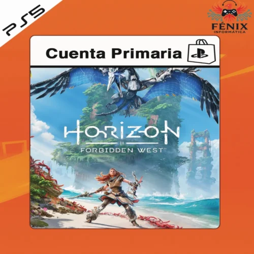 Horizon Forbidden West digital primario mostrado con portada PS5, incluye versión PS4 jugable en PS5 mediante retrocompatibilidad y versión nativa PS5 con mejoras gráficas y rendimiento.