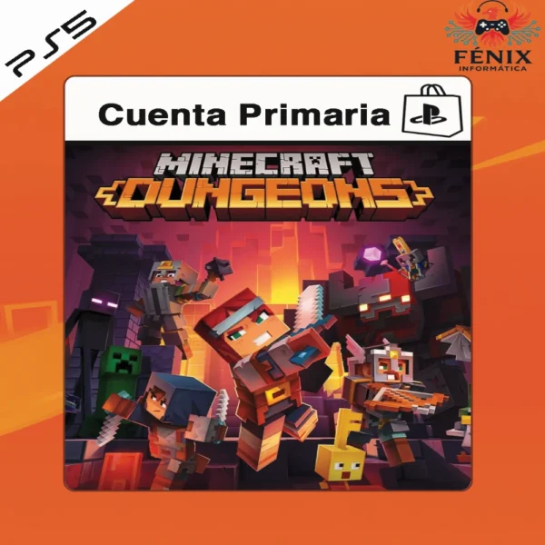 Minecraft Dungeons digital primario mostrado con portada PS5, incluye versión PS4 jugable en PS5 mediante retrocompatibilidad y versión nativa PS5 con mejoras de rendimiento.
