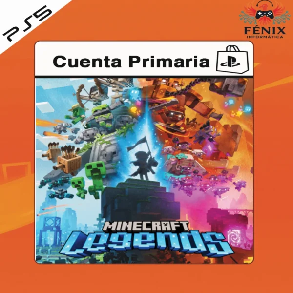 Minecraft Legends digital primario mostrado con portada PS5, incluye versión PS4 jugable en PS5 mediante retrocompatibilidad y versión nativa PS5 con mejoras de rendimiento.