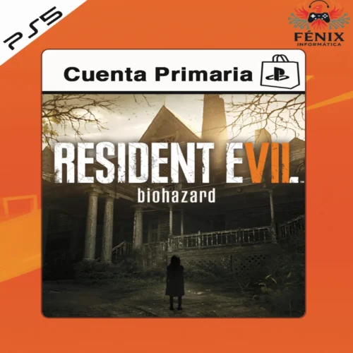 Resident Evil 7 Biohazard digital primario mostrado con portada PS5, incluye versión PS4 compatible con PS5 mediante retrocompatibilidad y versión nativa PS5 con mejoras gráficas.