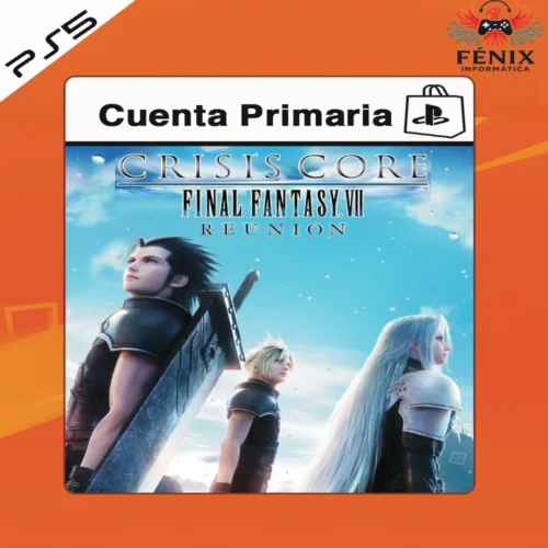 Crisis Core Final Fantasy VII Reunion digital primario mostrado con portada PS5, incluye versión PS4 jugable en PS5 mediante retrocompatibilidad y versión nativa PS5 con mejoras gráficas y rendimiento.