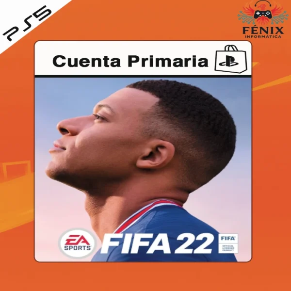 FIFA 22 digital primario mostrado con portada PS5, incluye versión PS4 jugable en PS5 mediante retrocompatibilidad y versión nativa PS5 con mejoras gráficas y rendimiento.