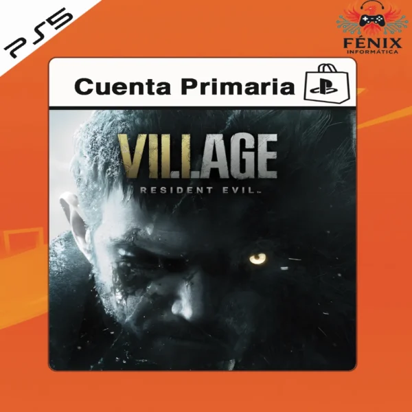 Resident Evil Village digital primario mostrado con portada PS5, incluye versión PS4 jugable en PS5 mediante retrocompatibilidad y versión nativa PS5 con mejoras gráficas y rendimiento.