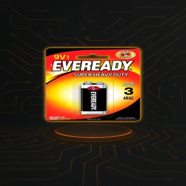 Batería Eveready 9V para micrófonos, detectores de humo y juguetes electrónicos.
